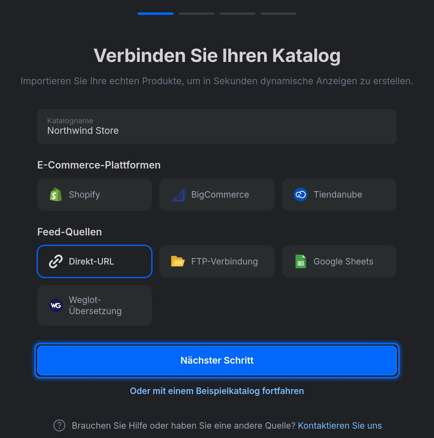 Der Assistent Verbinden Sie Ihren Katalog mit einem Katalognamen, ausgewählter Direkt-URL und der Schaltfläche Nächster Schritt