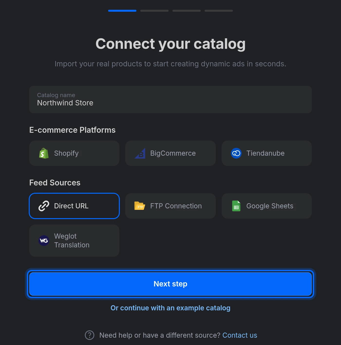 The Connect your catalog assistant with a catalog name, Direct URL selected and the Next step button