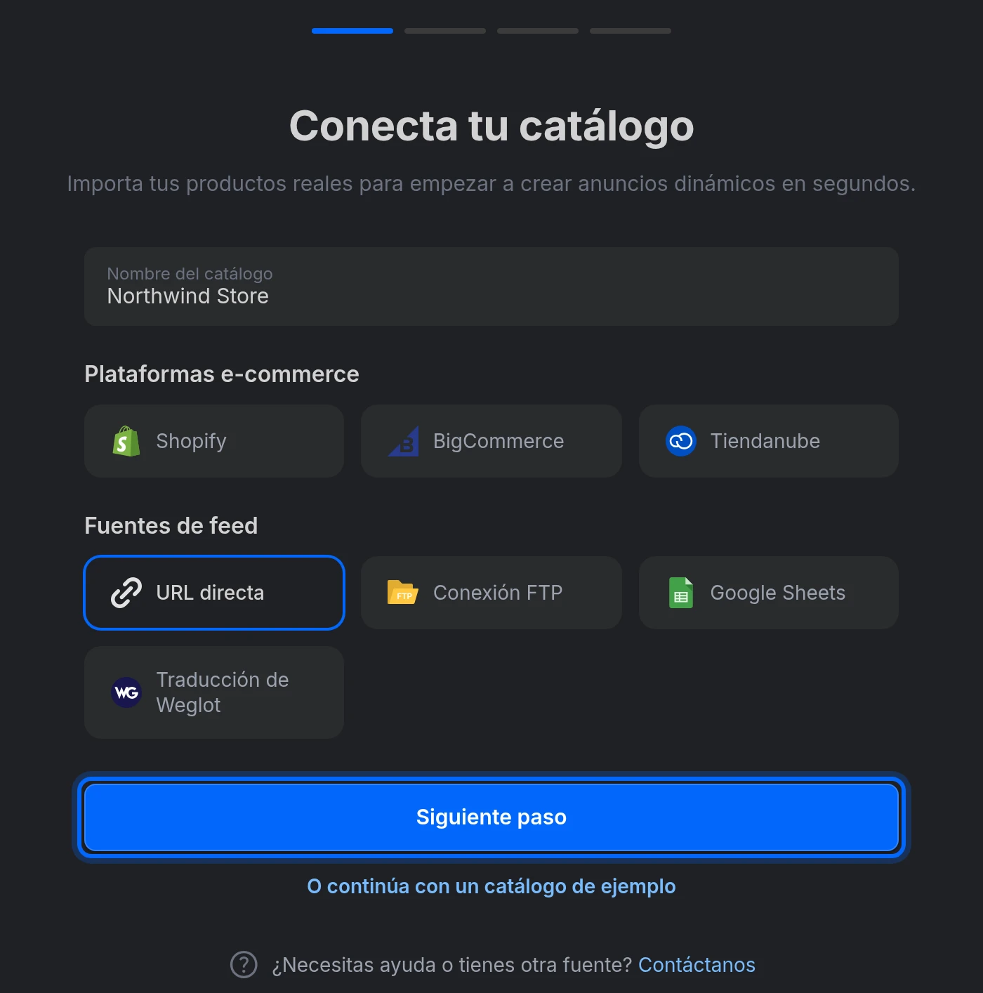 El asistente Conecta tu catálogo con un nombre, URL directa elegida y el botón Siguiente paso