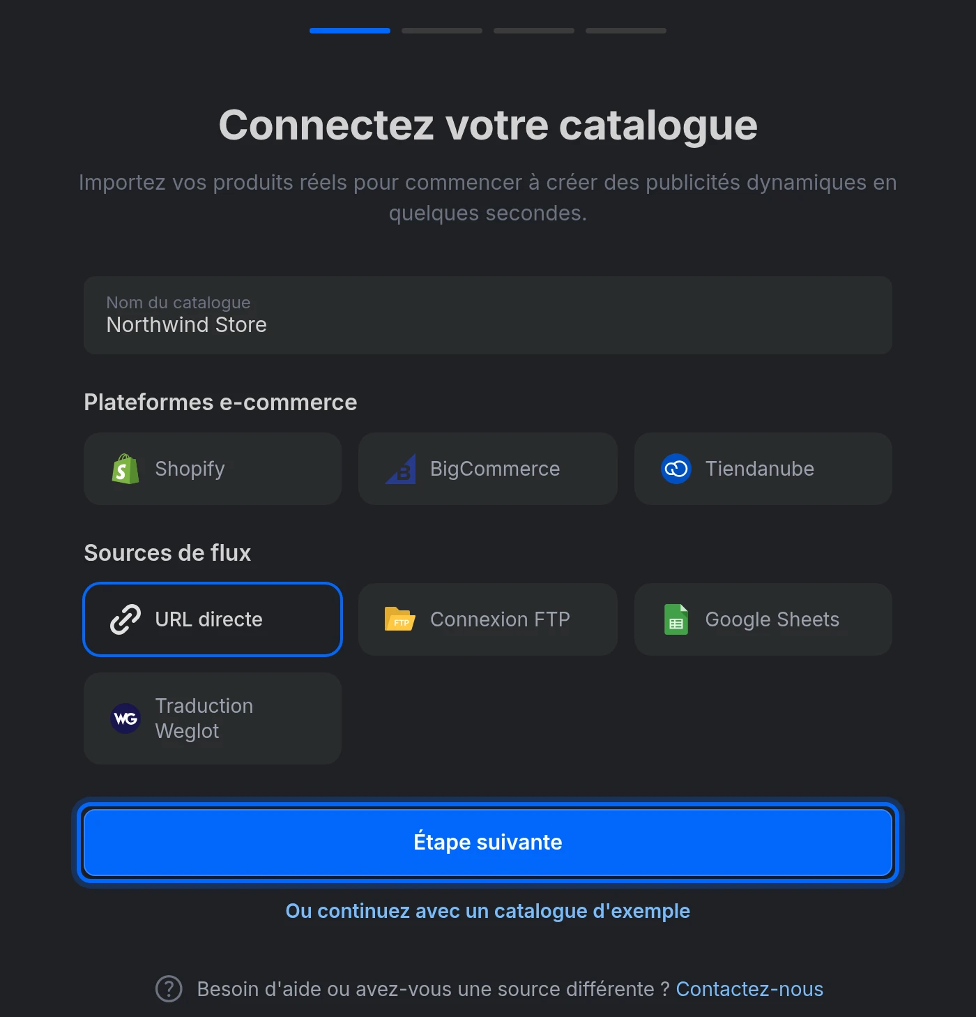 L'assistant Connectez votre catalogue avec un nom, URL directe sélectionnée et le bouton Étape suivante
