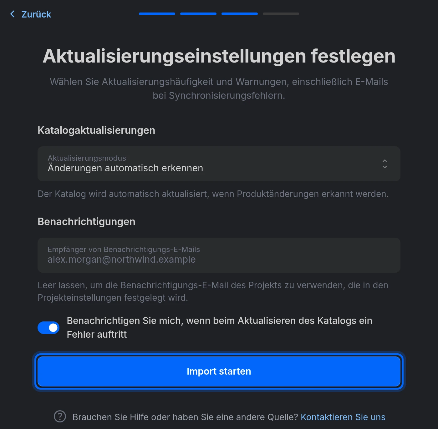 Der Schritt Aktualisierungseinstellungen festlegen: Aktualisierungsmodus, Benachrichtigungen und die Schaltfläche Import starten