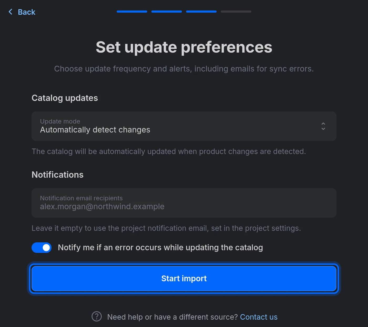 The Set update preferences step: Update mode, notifications and the Start import button