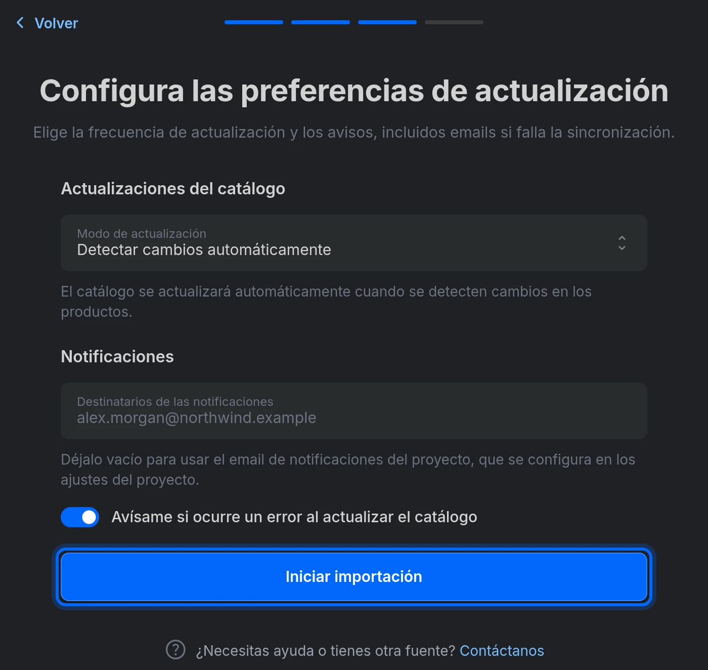 El paso Configura las preferencias de actualización: modo de actualización, notificaciones y el botón Iniciar importación