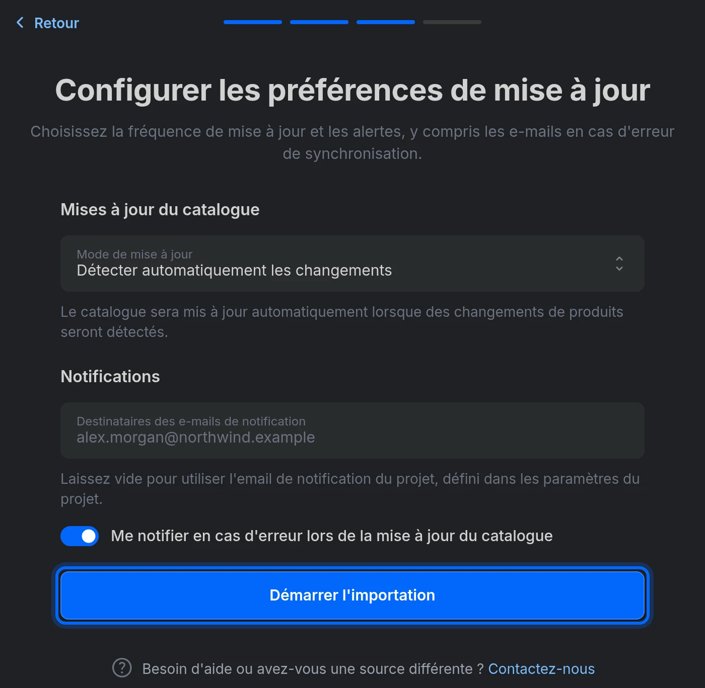 L'étape Configurer les préférences de mise à jour : mode de mise à jour, notifications et le bouton Démarrer l'importation