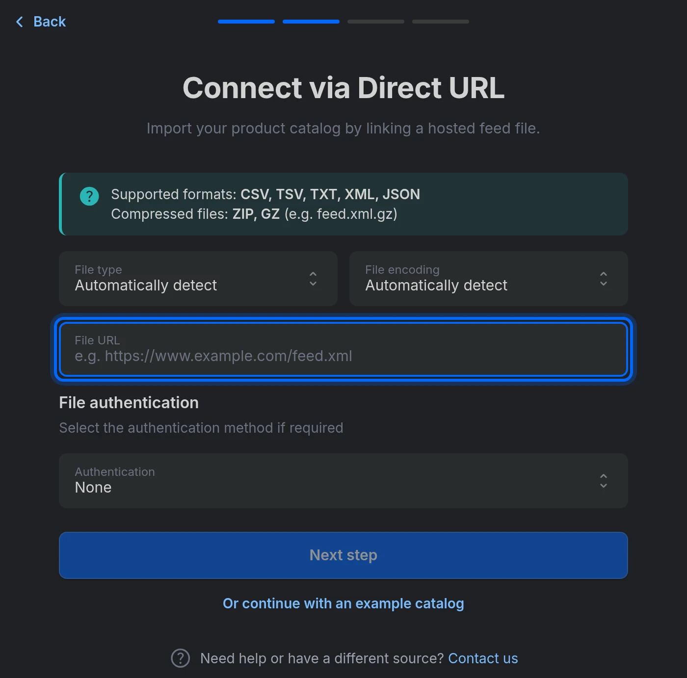 The Connect via Direct URL step: File type, File encoding, File URL and File authentication