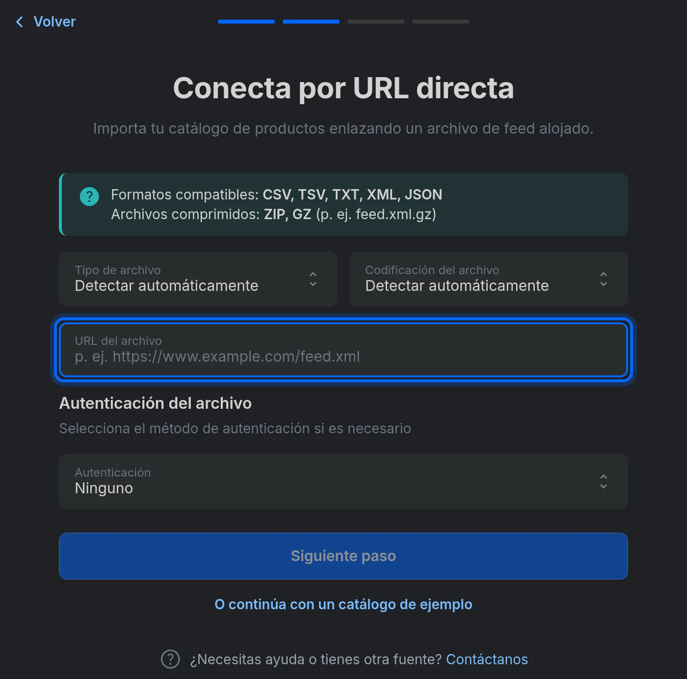 El paso Conecta por URL directa: tipo de archivo, codificación, URL del archivo y autenticación del archivo