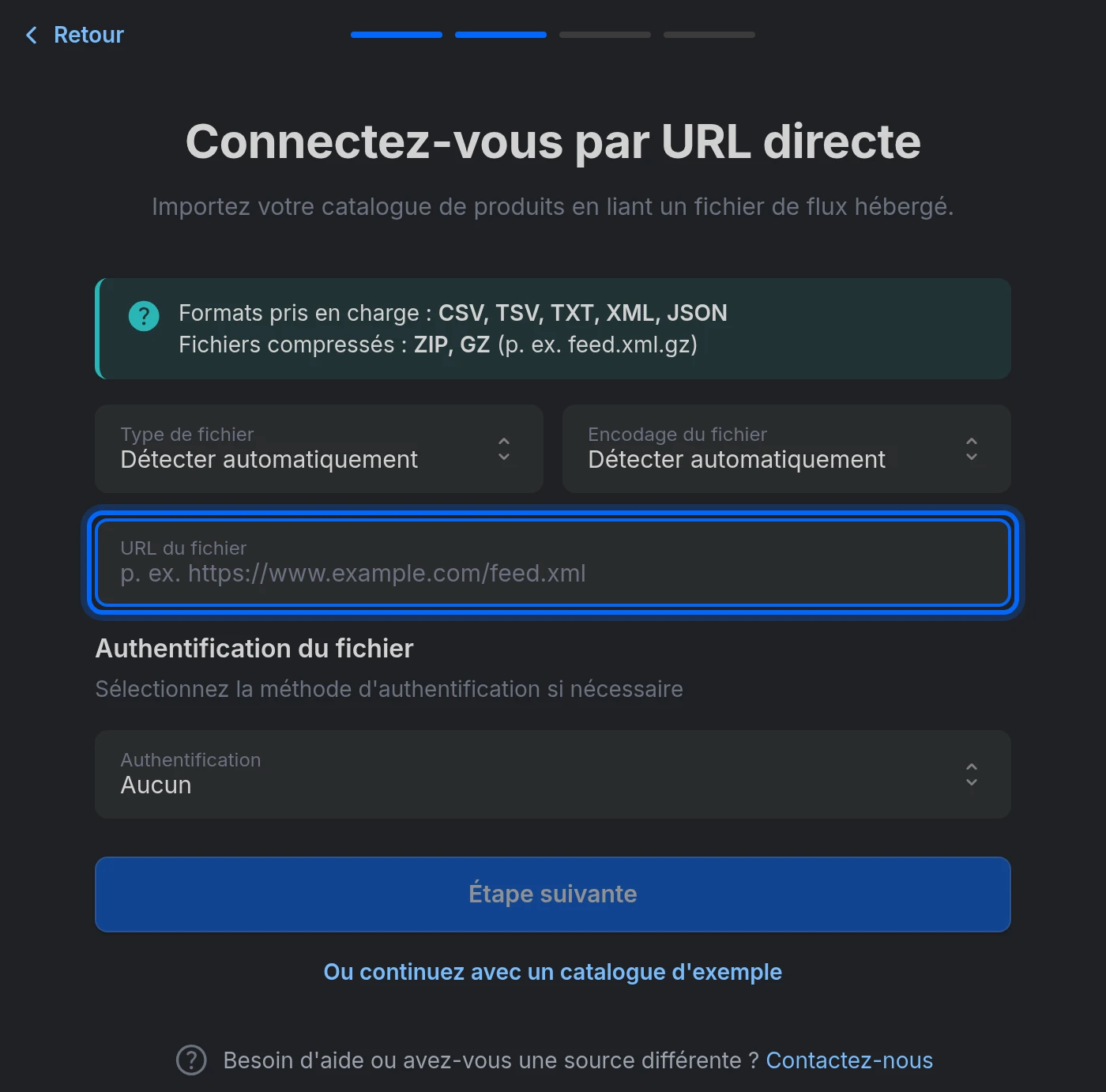 L'étape Connectez-vous par URL directe : type de fichier, encodage, URL du fichier et authentification du fichier