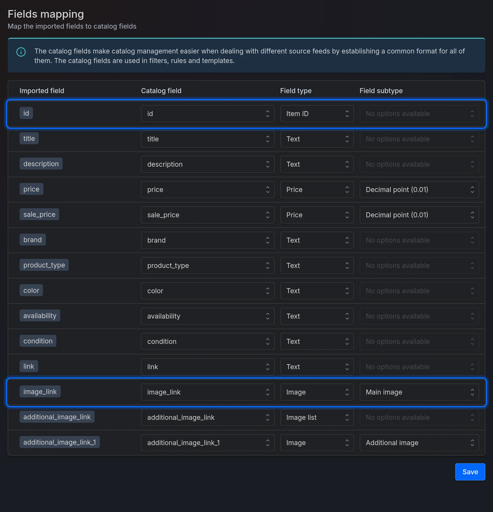 The Fields tab (Fields mapping), with the Item ID and Main image rows highlighted