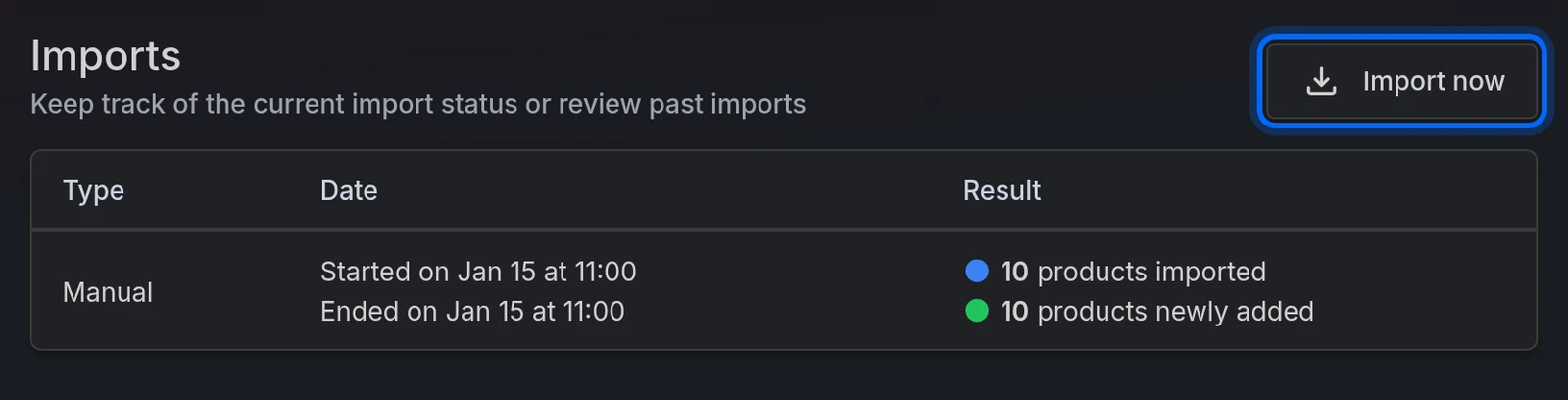 The catalog's Imports tab with an import's result and the Import now button