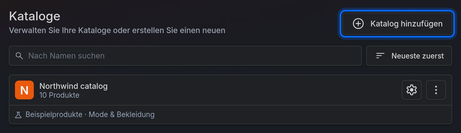 Die Seite Kataloge mit der Schaltfläche Katalog hinzufügen
