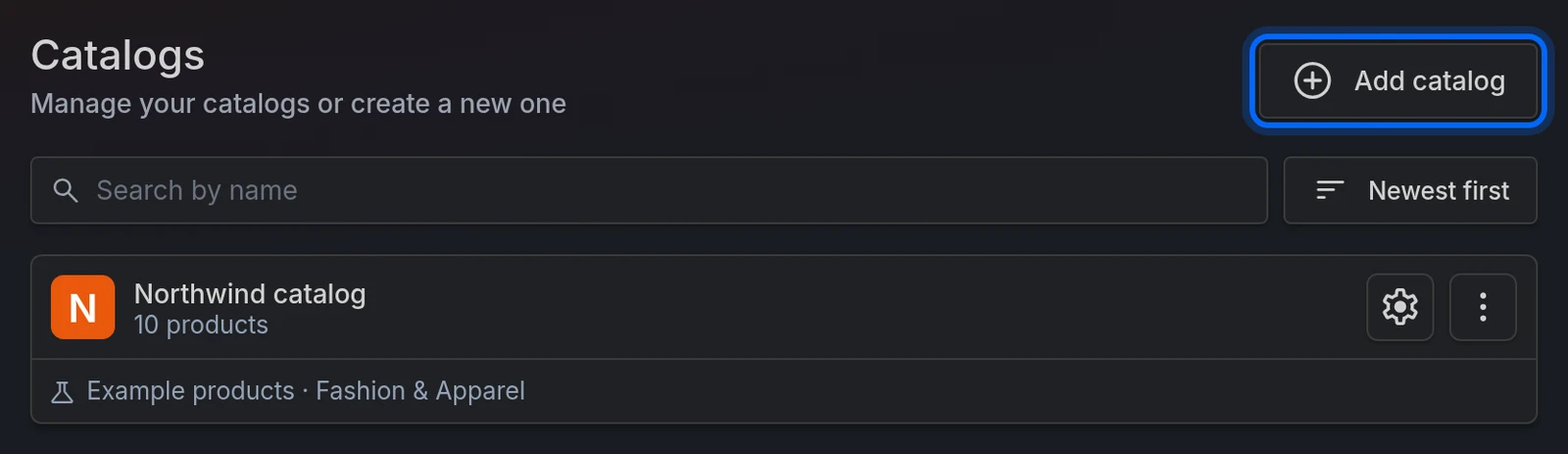 The Catalogs page with the Add catalog button