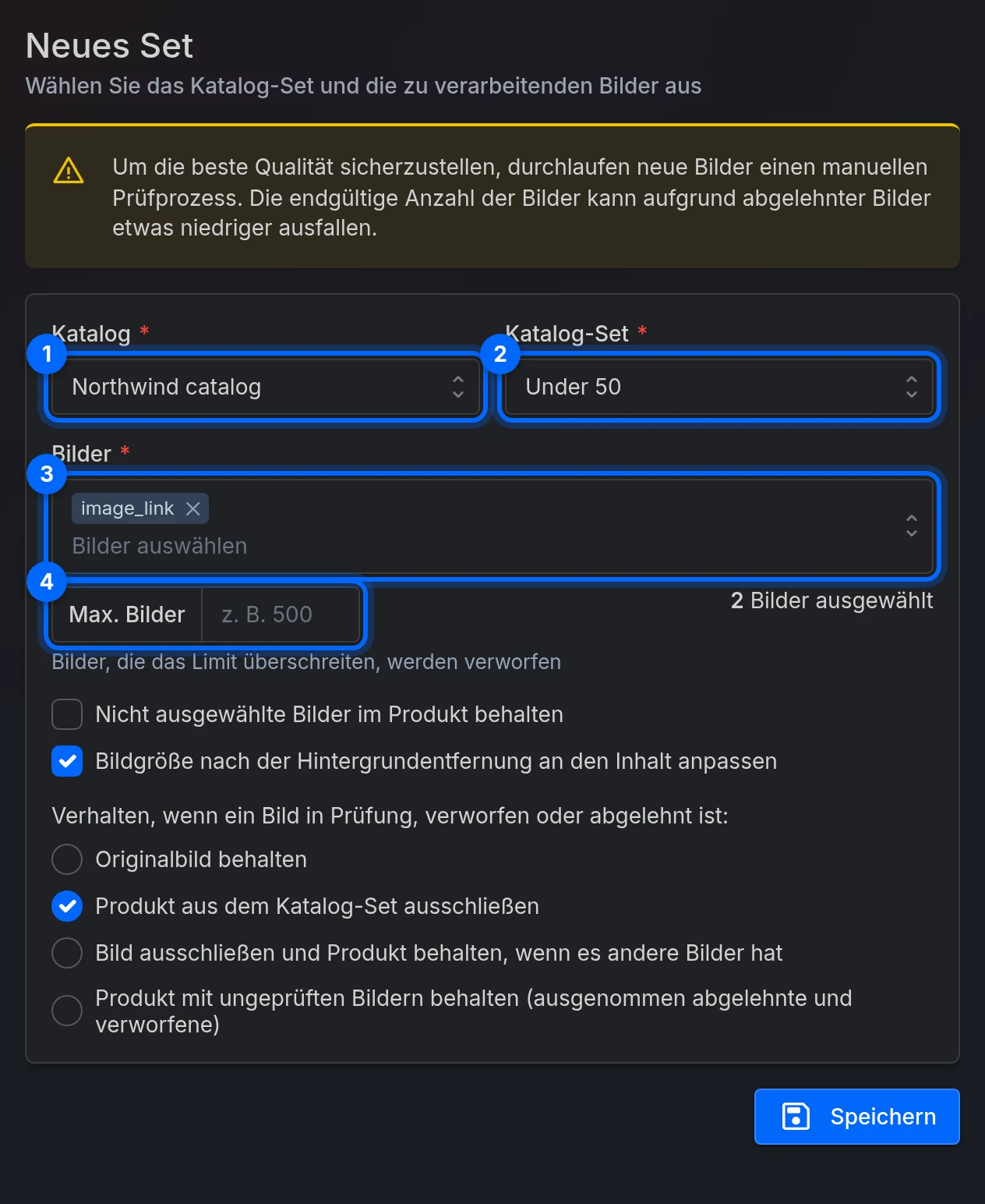 Das Formular Neues Set: Katalog, Katalog-Set, Bilder und Max. Bilder, danach die Optionen und Speichern