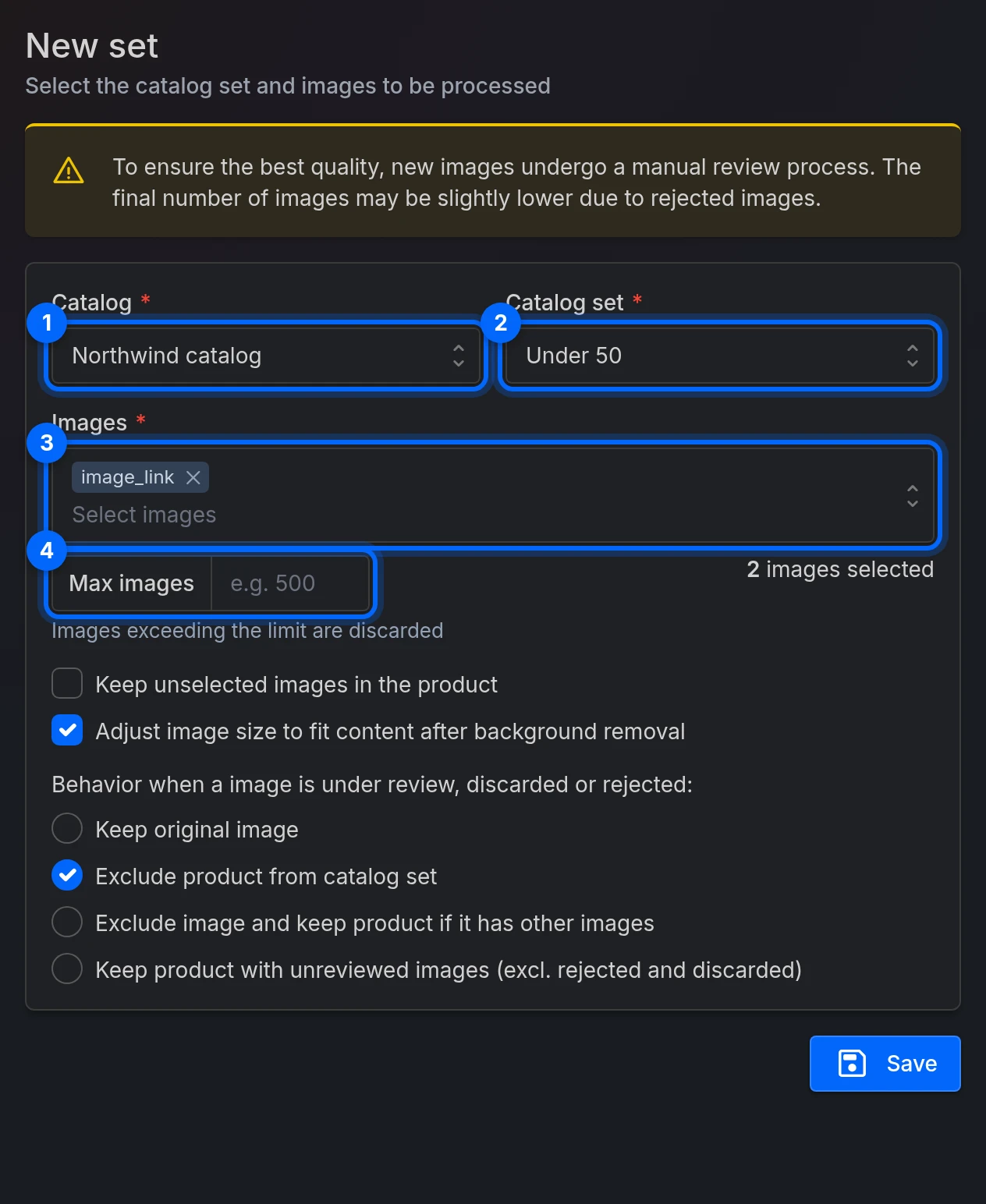 The New set form: Catalog, Catalog set, Images and Max images, then the options and Save