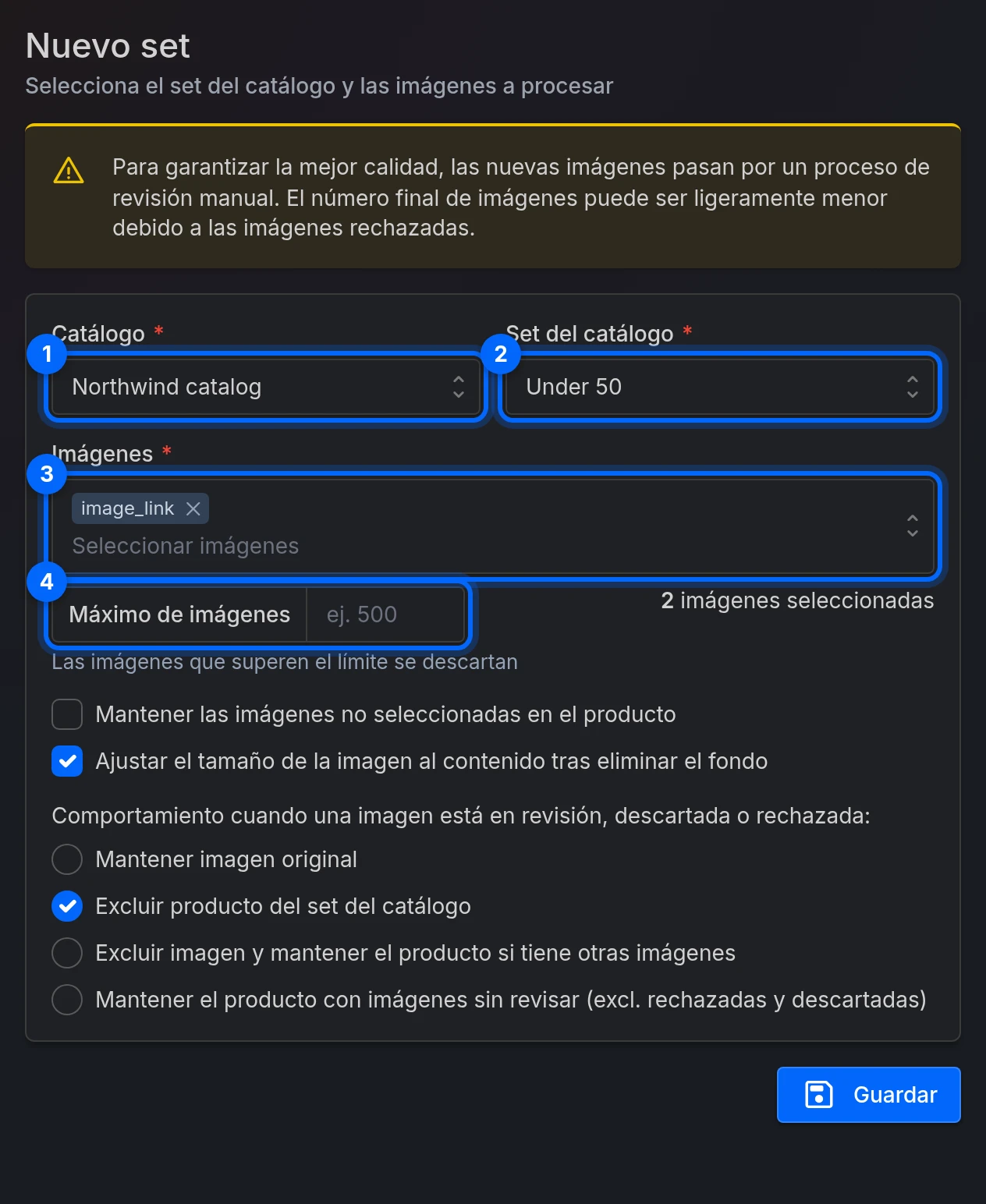 El formulario Nuevo set: Catálogo, Set del catálogo, Imágenes y Máximo de imágenes, y después las opciones y Guardar