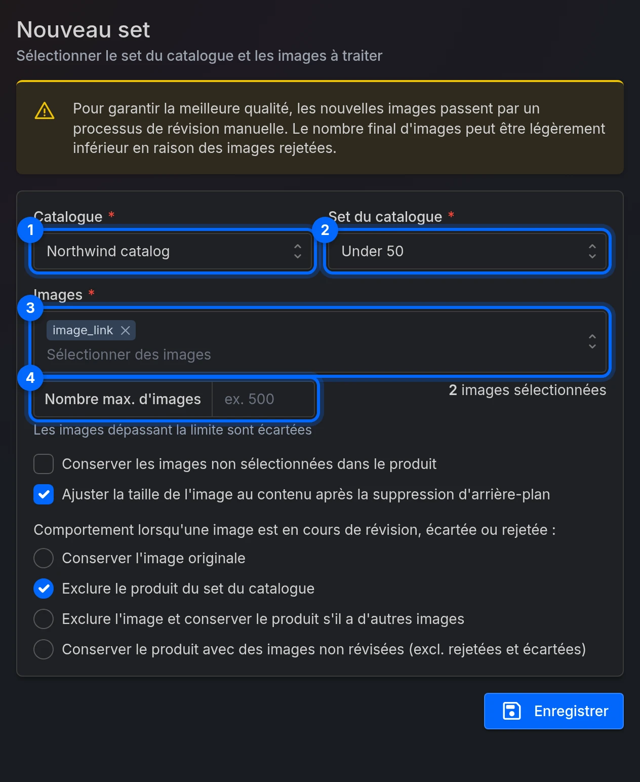 Le formulaire Nouveau set : Catalogue, Set du catalogue, Images et Nombre max. d'images, puis les options et Enregistrer