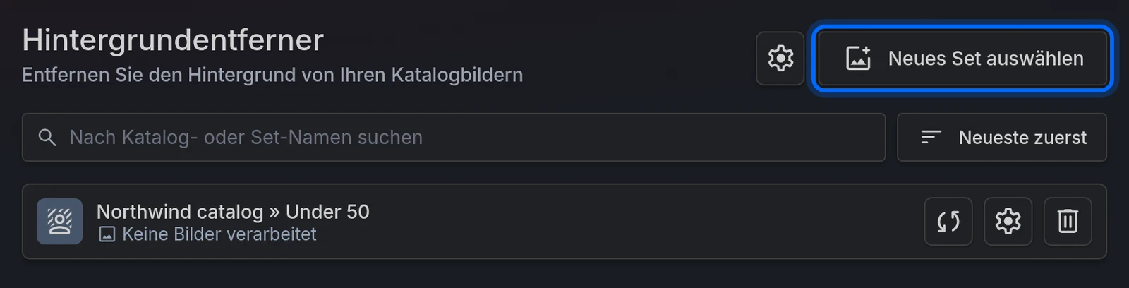Die Seite Hintergrundentferner mit der Schaltfläche Neues Set auswählen