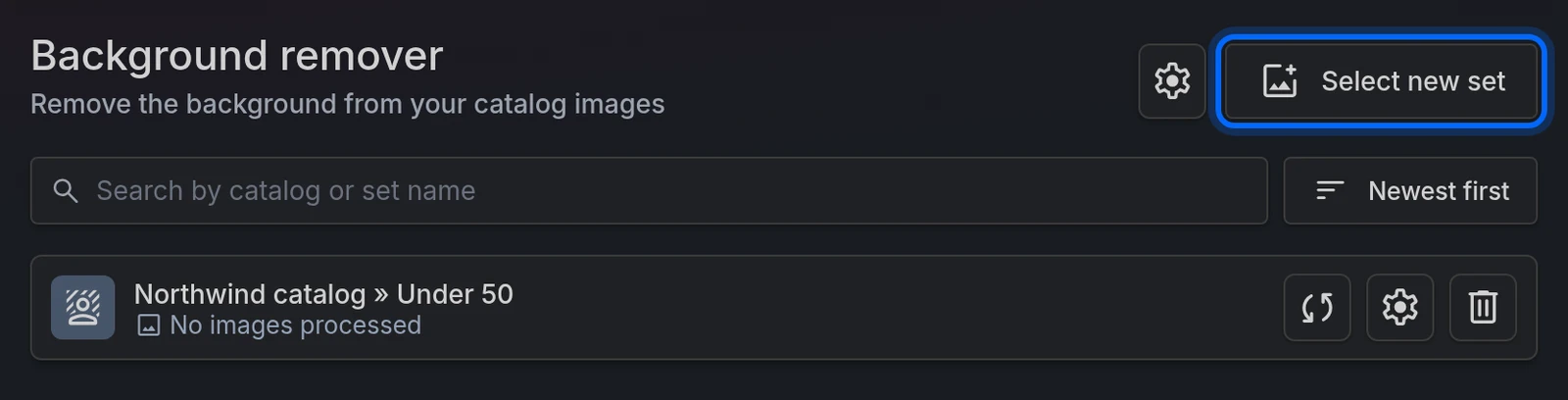 The Background remover page with the Select new set button