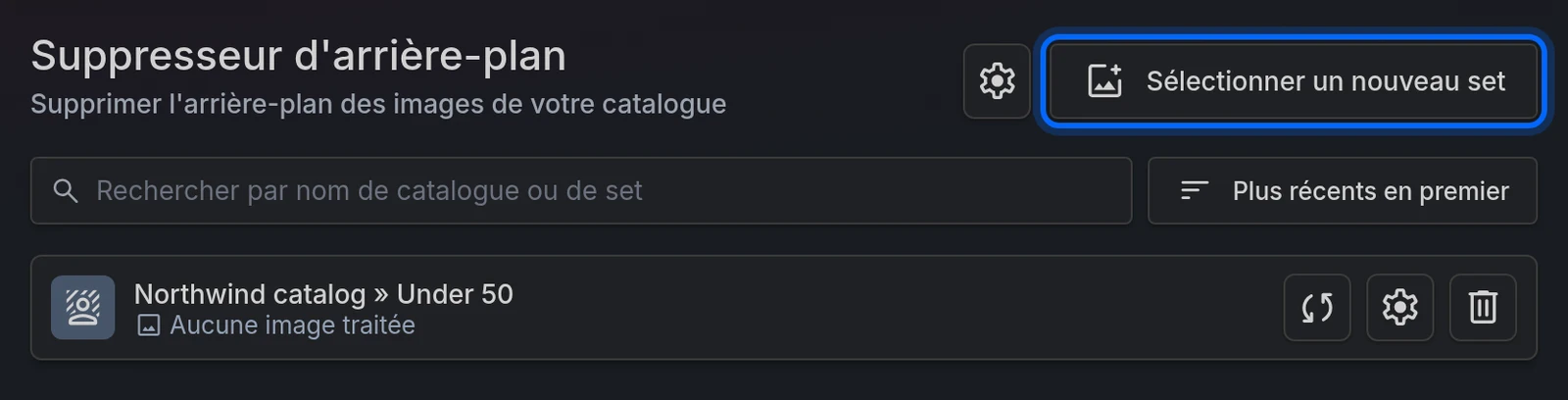 La page Suppresseur d'arrière-plan avec le bouton Sélectionner un nouveau set