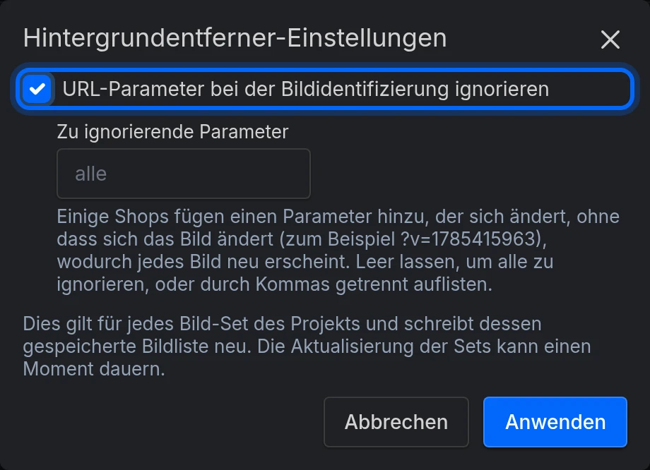 Der Dialog Hintergrundentferner-Einstellungen mit aktiviertem URL-Parameter bei der Bildidentifizierung ignorieren