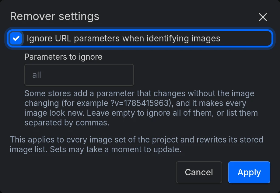 The Remover settings dialog with Ignore URL parameters when identifying images turned on