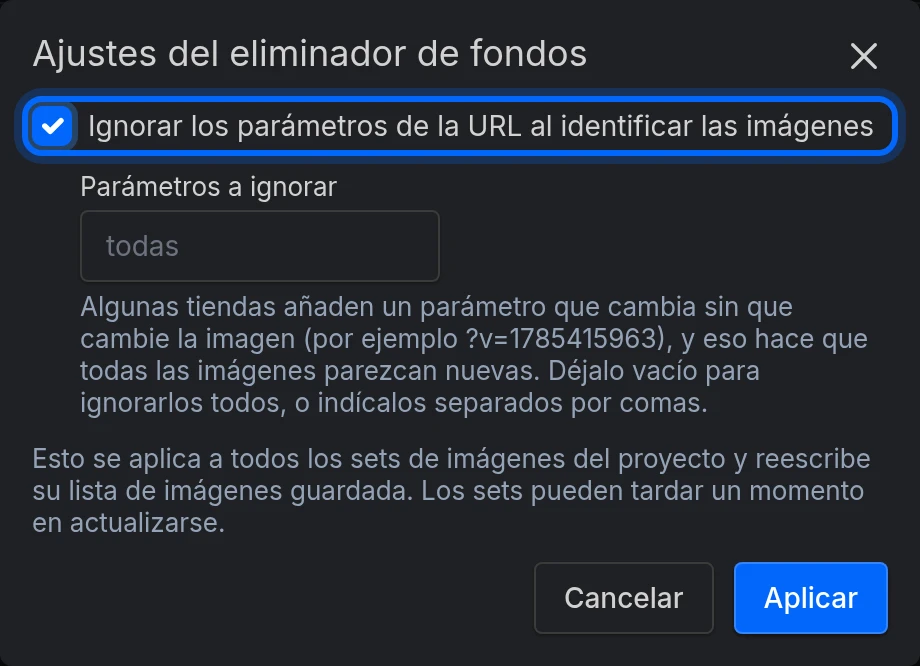 El diálogo Ajustes del eliminador de fondos con Ignorar los parámetros de la URL al identificar las imágenes activado