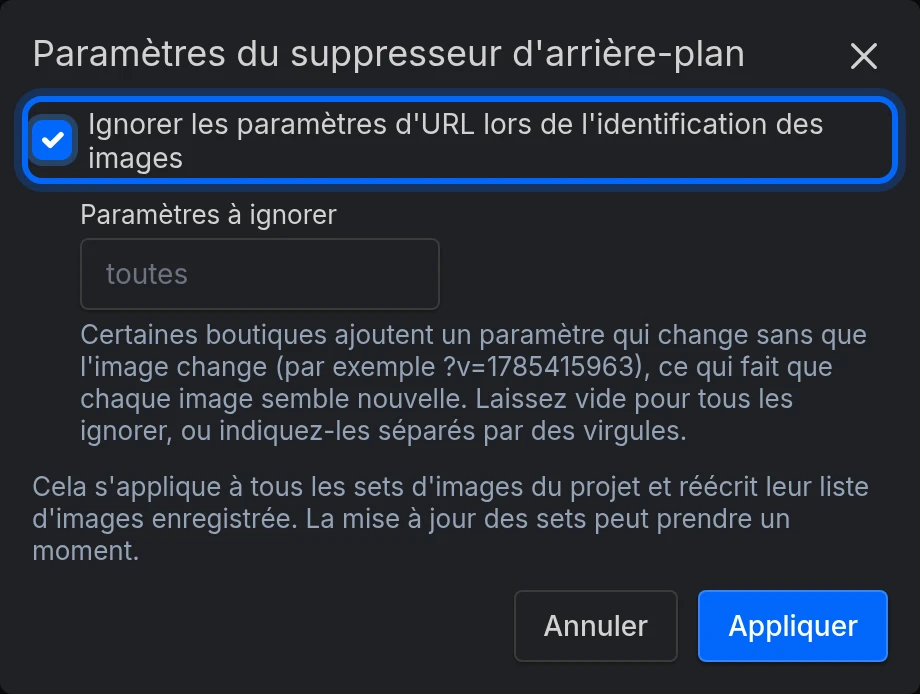 La boîte de dialogue Paramètres du suppresseur d'arrière-plan avec Ignorer les paramètres d'URL lors de l'identification des images activé