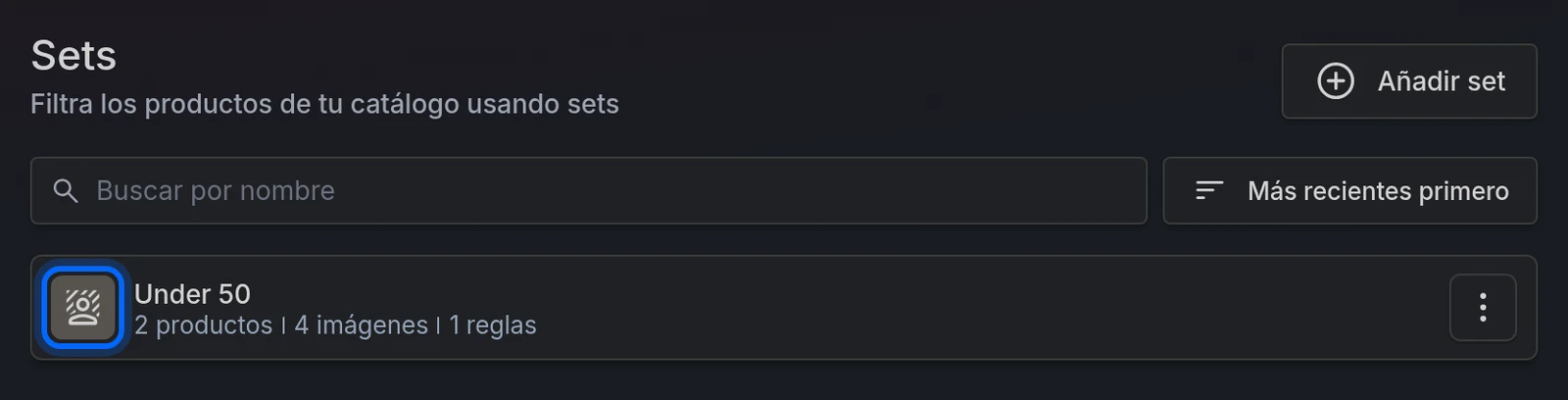 La lista de Sets de un catálogo, con el icono del eliminador de fondos en un set que tiene uno adjunto
