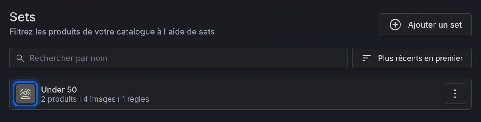 La liste Sets d'un catalogue, avec l'icône du suppresseur d'arrière-plan sur un set qui en a un