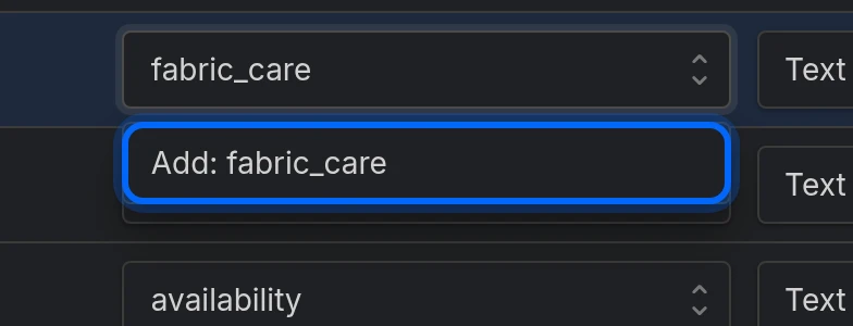 A custom name typed into the Catalog field dropdown, offering Add: fabric_care