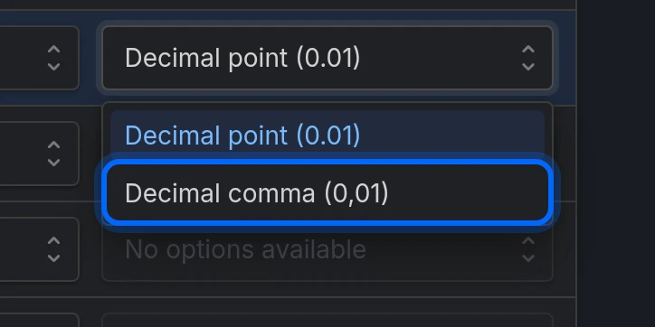 The Field subtype of a price field, with Decimal comma (0,01) highlighted