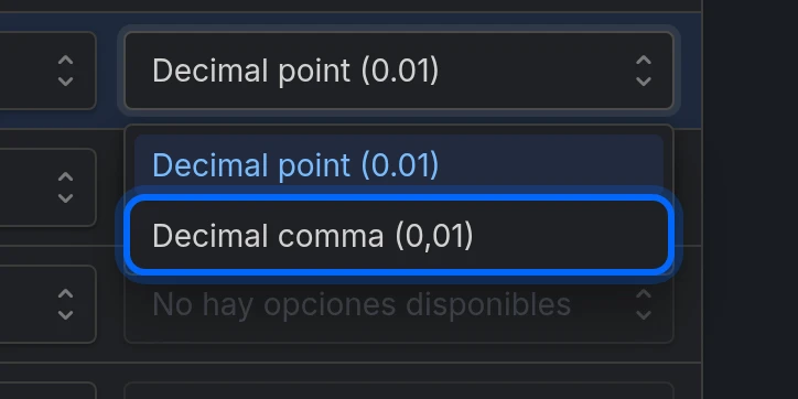 El Subtipo de campo de un precio, con Coma decimal (0,01) resaltada