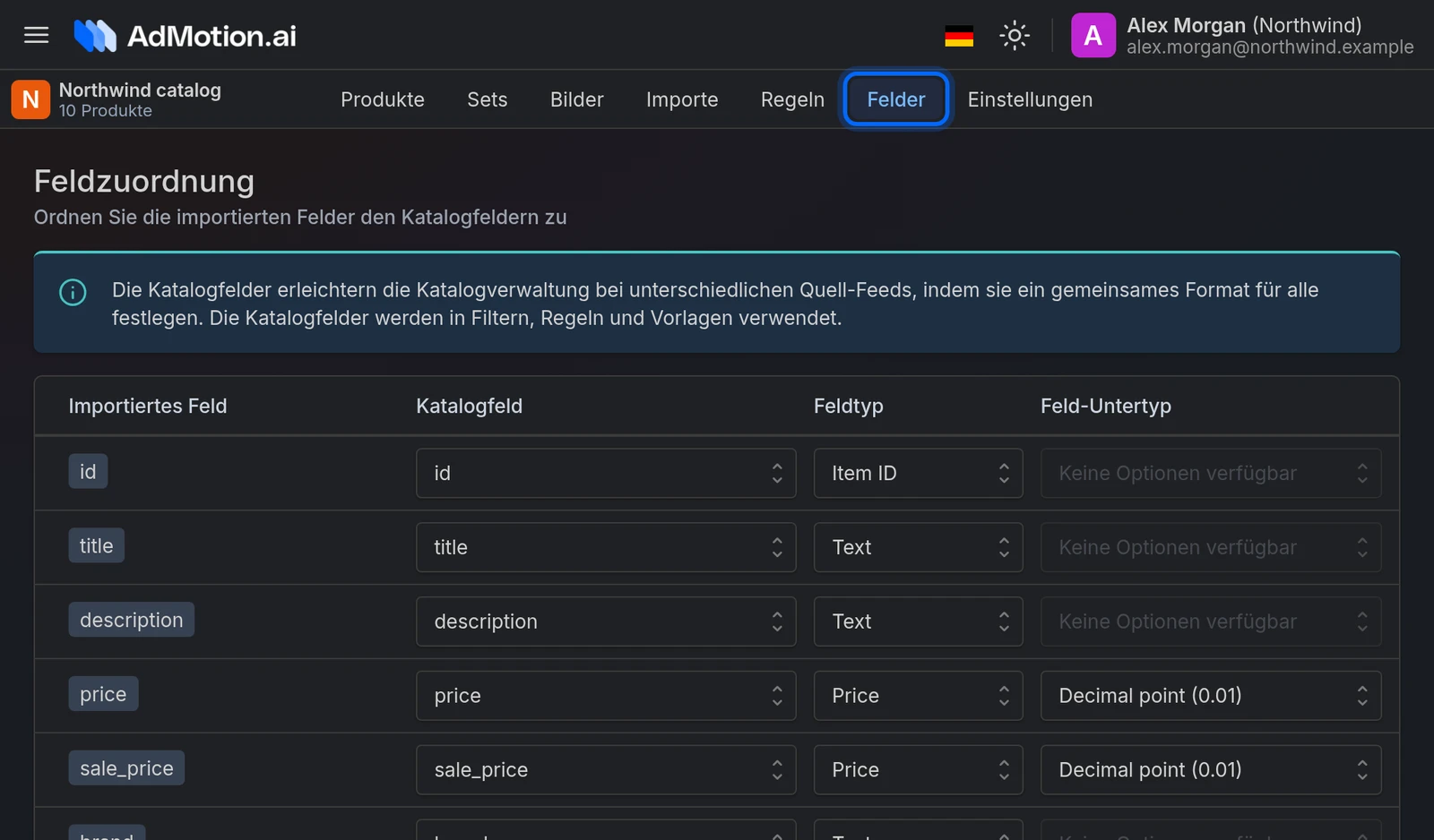 Der Tab Felder eines Katalogs mit den Spalten Importiertes Feld, Katalogfeld, Feldtyp und Feld-Untertyp
