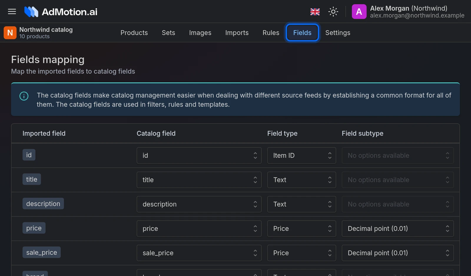 The Fields tab of a catalog, with the Imported field, Catalog field, Field type and Field subtype columns