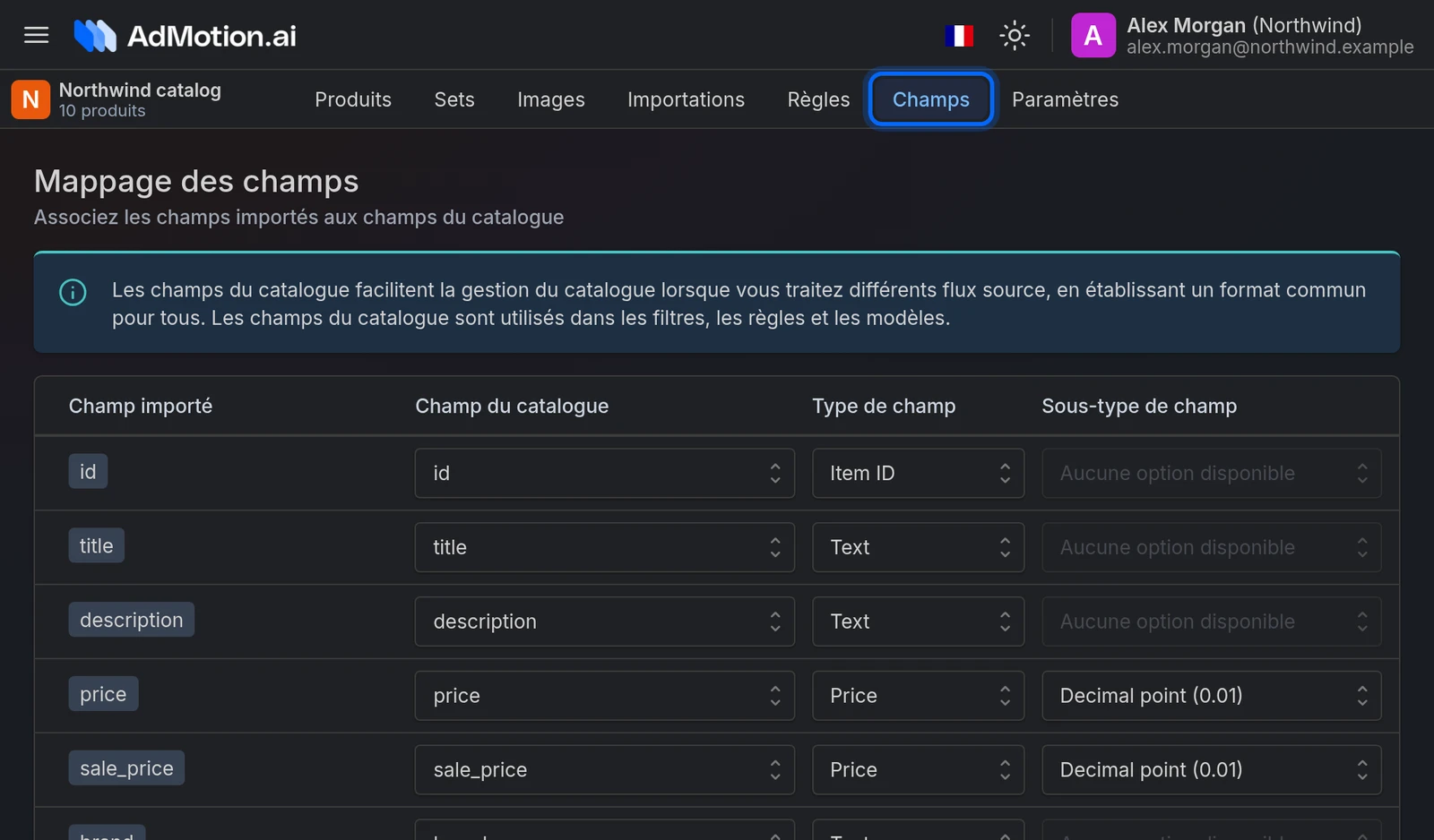 L'onglet Champs d'un catalogue, avec les colonnes Champ importé, Champ du catalogue, Type de champ et Sous-type de champ