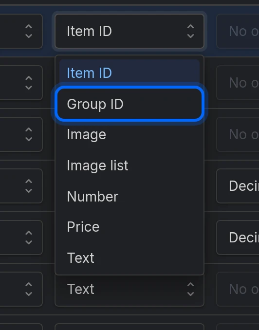 The Field type list open, with Group ID among the types