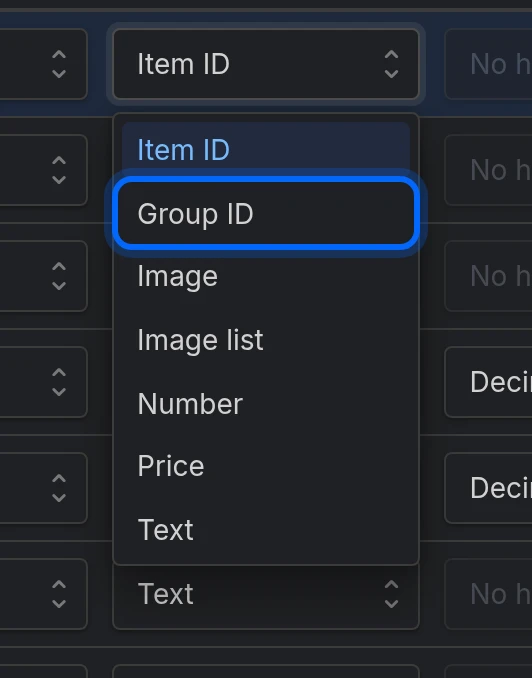La lista de Tipo de campo abierta, con ID de grupo entre los tipos
