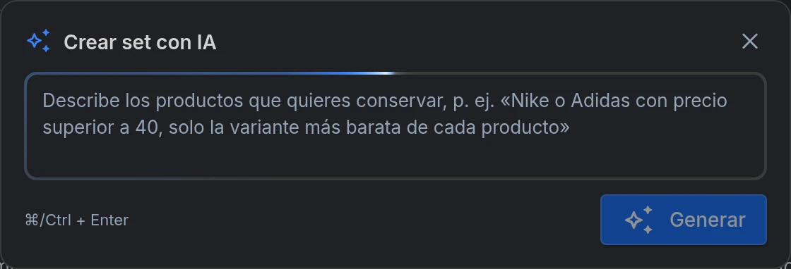 El cuadro Crear set con IA