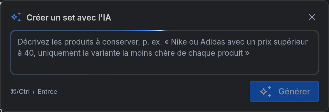 La zone Créer un set avec l'IA