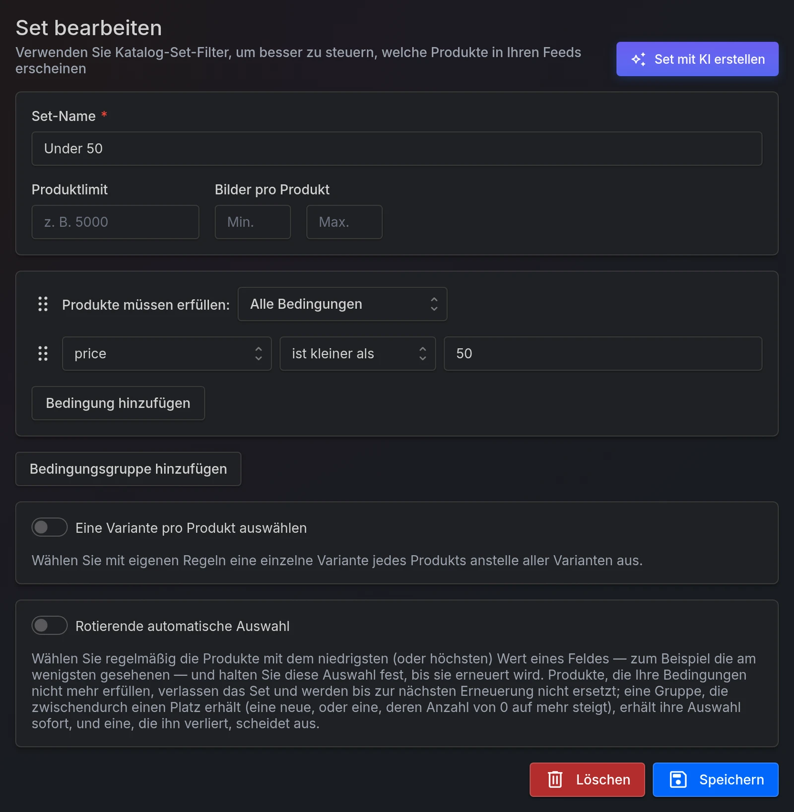Das Set-Formular: Set-Name, die Bedingung price ist kleiner als 50 und Speichern