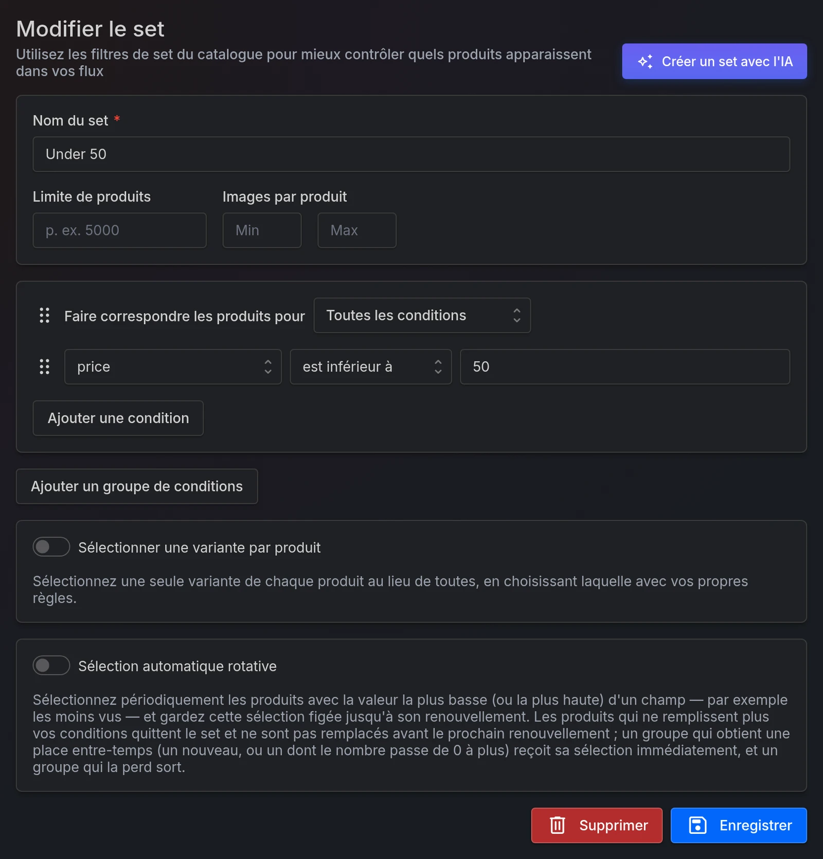 Le formulaire du set : Nom du set, la condition price est inférieur à 50 et Enregistrer