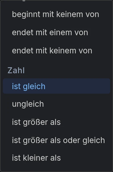 Das Operator-Dropdown, mit ist gleich unter der Überschrift Zahl