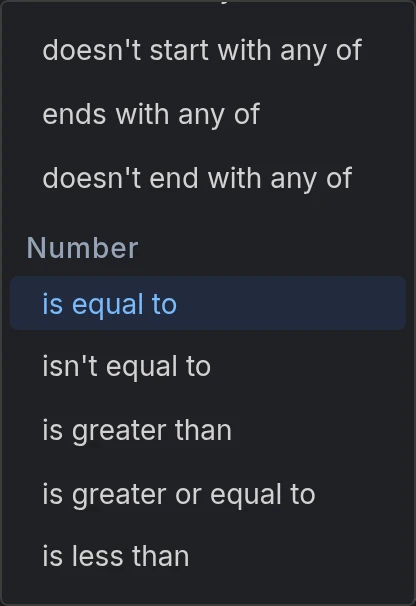 The operator dropdown, with is equal to under the Number heading