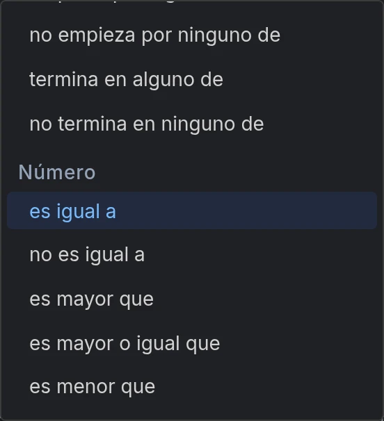 El desplegable de operadores, con es igual a bajo el encabezado Número