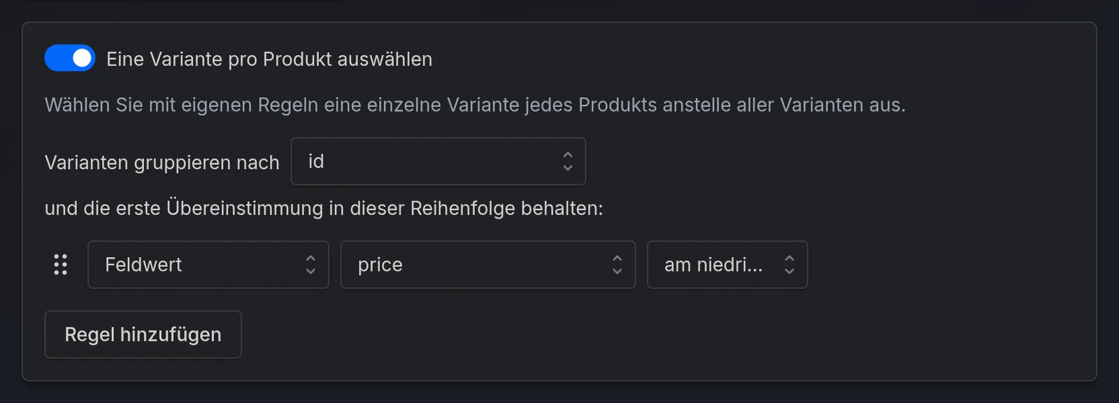 Eine Variante pro Produkt auswählen aktiviert, mit der Variante mit dem niedrigsten price