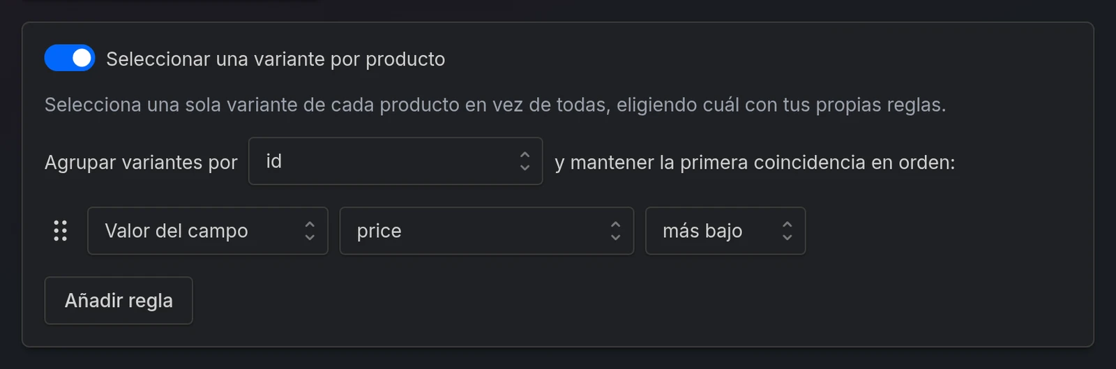 Seleccionar una variante por producto activado, quedándose con la variante de price más bajo