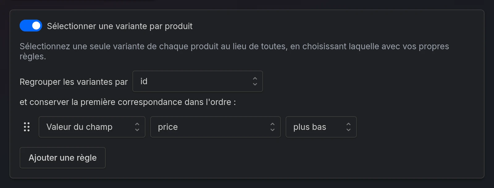 Sélectionner une variante par produit activé, en gardant la variante au price le plus bas