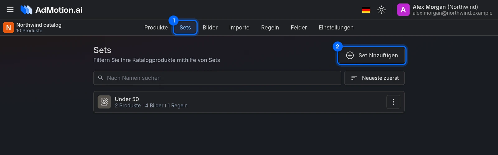 Der Reiter Sets eines Katalogs, mit der Schaltfläche Set hinzufügen
