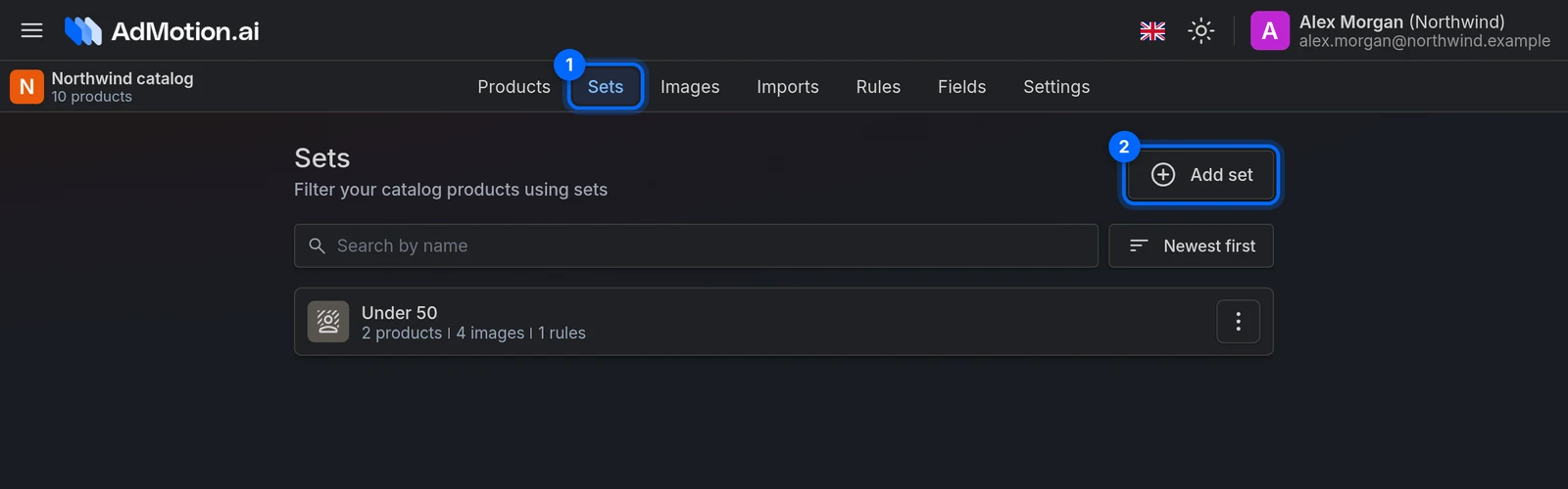 The Sets tab of a catalog, with the Add set button