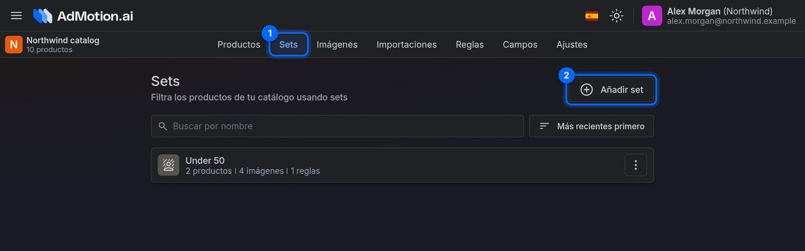 La pestaña Sets de un catálogo, con el botón Añadir set