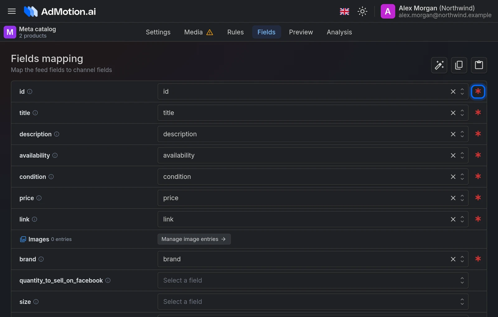 The Fields mapping tab, with the required-field icons